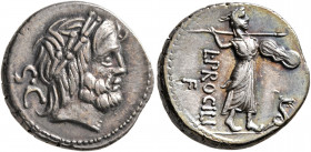 L. Procilius, 80 BC. Denarius (Silver, 18 mm, 4.00 g, 6 h), Rome. Laureate head of Jupiter to right; to left, S•C. Rev. L•PROCILI / F Juno Sospita, we...