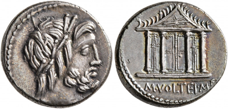 M. Volteius M.f, 78 BC. Denarius (Silver, 17 mm, 4.06 g, 6 h), Rome. Laureate he...