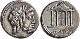 M. Volteius M.f, 78 BC. Denarius (Silver, 17 mm, 4.06 g, 6 h), Rome. Laureate head of Jupiter to right. Rev. M•VOLTEI•M•F Tetrastyle temple of Jupiter...