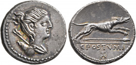 C. Postumius, 73 BC. Denarius (Silver, 18 mm, 3.91 g, 7 h), Rome. Draped bust of Diana to right, with bow and quiver over her shoulder. Rev. C•POSTVMI...