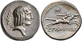 C. Piso L.f. Frugi, 67 BC. Denarius (Silver, 17 mm, 3.99 g, 7 h), Rome. Laureate head of Apollo to right; to left, laurel branch. Rev. C•PISO•L•F•FRV[...