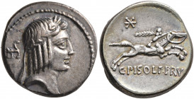 C. Piso L.f. Frugi, 67 BC. Denarius (Silver, 17 mm, 4.07 g, 6 h), Rome. Laureate head of Apollo to right; to left, monogram (?). Rev. C•PISO•L•F•FRV[G...