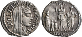 L. Aemilius Lepidus Paullus, 62 BC. Denarius (Silver, 19 mm, 3.91 g, 6 h), Rome. PAVLLVS LEPIDVS CONCORDIA Veiled and diademed head of Concordia to ri...