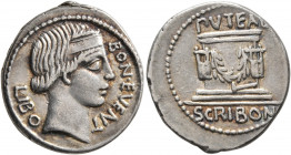 L. Scribonius Libo, 62 BC. Denarius (Silver, 20 mm, 3.91 g, 6 h), Rome. BON•EVENT / LIBO Diademed head of Bonus Eventus to right. Rev. PVTEAL / SCRIBO...