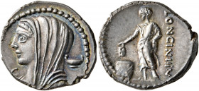 L. Cassius Longinus, 60 BC. Denarius (Silver, 20 mm, 4.00 g, 5 h), Rome. Veiled and draped bust of Vesta to left; behind, two-handled cup; below chin,...