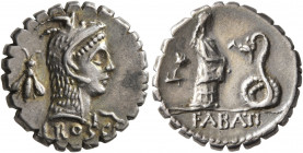 L. Roscius Fabatus, 59 BC. Denarius (Silver, 18 mm, 3.89 g, 6 h), Rome. L•ROSCI Head of Juno Sospita to right, wearing goat-skin headdress; to left, b...