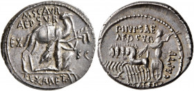 M. Aemilius Scaurus and Pub. Plautius Hypsaeus, 58 BC. Denarius (Silver, 19 mm, 3.91 g, 7 h), Rome. M SCAVR / AED CVR / EX - S C / REX ARETAS The Naba...