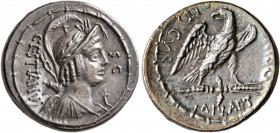 M. Plaetorius M.f. Cestianus, 57 BC. Denarius (Silver, 19 mm, 3.91 g, 6 h), Rome. CESTIANVS - S•C Winged and draped bust of Vacuna to right, wearing c...