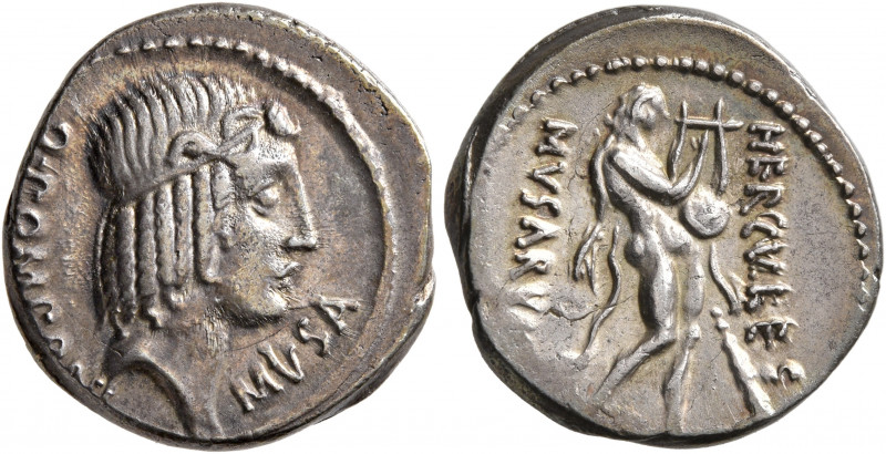 Q. Pomponius Musa, 56 BC. Denarius (Silver, 19 mm, 3.93 g, 1 h), Rome. Q•POMPONI...