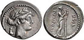 Q. Pomponius Musa, 56 BC. Denarius (Silver, 19 mm, 3.77 g, 1 h), Rome. Laureate head of Apollo to right; behind, lyre key. Rev. Q•POMPONI / MVSA Calli...