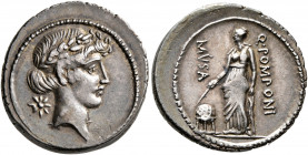 Q. Pomponius Musa, 56 BC. Denarius (Silver, 20 mm, 4.10 g, 7 h), Rome. Laureate head of Apollo to right; behind, star. Rev. Q•POMPONI / MVSA Urania, t...