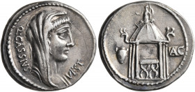 Q. Cassius Longinus, 55 BC. Denarius (Silver, 19 mm, 3.91 g, 7 h), Rome. Q•CASSIVS - VEST Veiled and diademed head of Vesta to right. Rev. Curule chai...