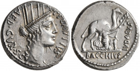 A. Plautius, 55 BC. Denarius (Silver, 17 mm, 3.77 g, 7 h), Rome. A•PLAVTIVS / AED•CVR•S•C Head of Cybele to right, wearing turreted crown and pendant ...