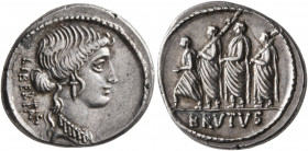 Q. Servilius Caepio Brutus (M. Junius Brutus), 54 BC. Denarius (Silver, 19 mm, 3.78 g, 5 h), Rome. LIBERTAS Head of Libertas to right, wearing pendant...