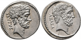 M. Junius Brutus, 54 BC. Denarius (Silver, 19 mm, 3.88 g, 6 h), Rome. BRVTVS Bearded head of L. Junius Brutus to right. Rev. AHALA Bearded head of C. ...