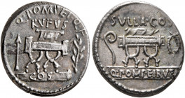 Q. Pompeius Rufus, 54 BC. Denarius (Silver, 17 mm, 3.84 g, 1 h), Rome. Q•POMPEI•Q•F / RVFVS Curule chair between arrow and laurel branch; below, COS o...