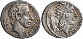 C. Coelius Caldus, 53 BC. Denarius (Silver, 19 mm, 4.01 g, 6 h), Rome. C•COEL•CALDVS / COS Bare head of the consul C. Coelius Caldus to right; to left...
