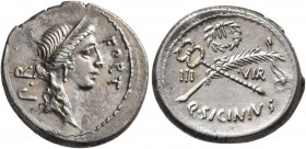 Q. Sicinius, 49 BC. Denarius (Silver, 18 mm, 3.80 g, 10 h), Rome. FORT - P•R Diademed head of Fortuna Populi Romani to right, wearing triple-pendant e...
