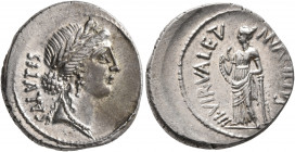 Man. Acilius Glabrio, 49 BC. Denarius (Silver, 20 mm, 3.76 g, 5 h), Rome. SALVTIS Head of Salus to right, wearing laurel wreath, pendant earring and p...
