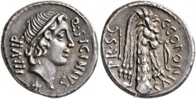Q. Sicinius and C. Coponius, 49 BC. Denarius (Silver, 18 mm, 3.95 g, 3 h), military mint moving with Pompey in the East. Q•SICINIVS - III•VIR Diademed...