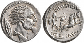 L. Hostilius Saserna, 48 BC. Denarius (Silver, 17 mm, 3.64 g, 12 h), Rome. Draped male bust (Vercingetorix?) with wild hair and long plaited beard to ...