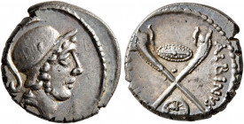 Albinus Bruti f, 48 BC. Denarius (Silver, 17 mm, 3.93 g, 2 h), Rome. Head of Mars to right, wearing crested helmet. Rev. ALBINVS - [BRVTI•F] Two carny...