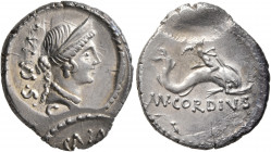 Mn. Cordius Rufus, 46 BC. Denarius (Silver, 21 mm, 3.91 g, 7 h), Rome. RVFVS•S•C Head of Venus to right, wearing diadem, pendant earring and pearl nec...