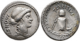T. Carisius, 46 BC. Denarius (Silver, 19 mm, 3.91 g, 2 h), Rome. MONET[A] Draped bust of Juno Moneta to right, wearing pendant earring and necklace. R...