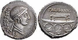 Lollius Palicanus, 45 BC. Denarius (Silver, 20 mm, 4.12 g, 10 h), Rome. LIBERTATIS Head of Libertas to right, wearing diadem, pendant earring and pear...