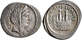 L. Mussidius Longus, 42 BC. Denarius (Silver, 20 mm, 3.82 g, 7 h), Rome. CONCORDIA Diademed and veiled head of Concordia to right; before, crescent. R...