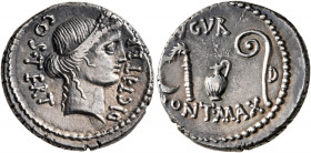 Julius Caesar, 49-44 BC. Denarius (Silver, 19 mm, 3.91 g, 1 h), uncertain mint (Utica?), 46 BC. DICT•ITER - COS•TERT Head of Ceres to right, wearing w...