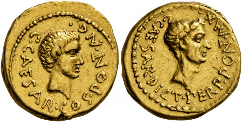 Octavian and Julius Caesar. Aureus (Gold, 19 mm, 8.07 g, 10 h), military mint mo...