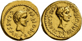 Octavian and Julius Caesar. Aureus (Gold, 19 mm, 8.07 g, 10 h), military mint moving with Octavian in Italy, August 43 BC. C•CAESAR•COS•PO NT •AV G• B...