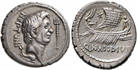 Sextus Pompey, † 35 BC. Denarius (Silver, 19 mm, 3.75 g, 3 h), Q. Nasidius, commander of the fleet. Massalia, 42-38. NEPTVNI Bare head of Pompey the G...