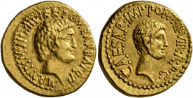 Mark Antony and Octavian. Aureus (Gold, 20 mm, 8.10 g, 1 h), M. Barbatius Pollio, quaestor pro praetore. Ephesus (?), spring-early summer 41 BC. M•ANT...