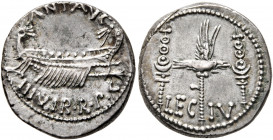 Mark Antony, 44-30 BC. Denarius (Silver, 17 mm, 3.82 g, 6 h), military mint moving with Mark Antony (Patrae?), 32-31. ANT•AVG / III VIR•R•P•C Galley r...