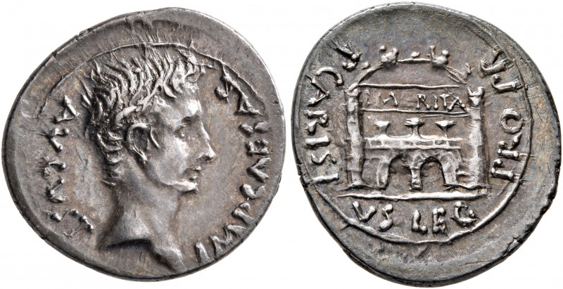 Augustus, 27 BC-AD 14. Denarius (Silver, 20 mm, 3.39 g, 5 h), Emerita, circa 25-...