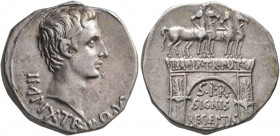 Augustus, 27 BC-AD 14. Cistophorus (Silver, 24 mm, 11.70 g, 12 h), Pergamum, 19-18 BC. IMP•IX•TR•PO•V Bare head of Augustus to right. Rev. IMP•IX•TR•P...