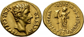 Augustus, 27 BC-AD 14. Aureus (Gold, 21 mm, 7.91 g, 5 h), uncertain mint in Spain (Colonia Patricia?), circa 17-16 BC. S•P•Q•R•CAESARI AVGVSTO Bare he...