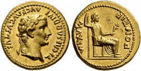 Tiberius, 14-37. Aureus (Gold, 19 mm, 7.85 g, 1 h), Lugdunum. TI CAESAR DIVI AVG F AVGVSTVS Laureate head of Tiberius to right. Rev. PONTIF MAXIM Livi...