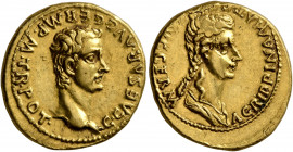 Gaius (Caligula), with Agrippina Senior, 37-41. Aureus (Gold, 19 mm, 7.84 g, 12 h), Lugdunum, 37-38. C•CAESAR•AVG•GERM•P•M•TR•POT• Bare head of Gaius ...