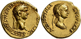 Claudius, with Agrippina Junior, 41-54. Aureus (Gold, 19 mm, 7.60 g, 8 h), Lugdunum, 50-51. TI CLAVD CAESAR AVG GERM P M TRIB POT P P Laureate head of...