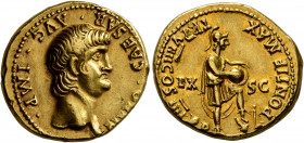 Nero, 54-68. Aureus (Gold, 19 mm, 7.66 g, 7 h), Lugdunum, 62-63. NERO•CAESAR•AVG•IMP• Bare head of Nero to right. Rev. PONTIF MAX TR P VIIII COS IIII ...