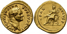 Vespasian, 69-79. Aureus (Gold, 20 mm, 7.34 g, 7 h), Rome, 75. IMP CAESAR VESPASIANVS AVG Laureate head of Vespasian to right. Rev. PAX AVGVST Pax sea...