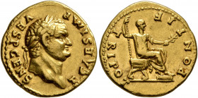 Titus, as Caesar, 69-79. Aureus (Gold, 19 mm, 7.23 g, 12 h), Rome, struck under Vespasian, 73. T CAES IMP VESP CENS Laureate head of Titus to right. R...
