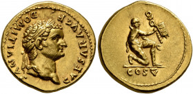 Domitian, as Caesar, 69-81. Aureus (Gold, 19 mm, 7.38 g, 6 h), Rome, 77-78. CAESAR AVG F DOMITIANVS Laureate head of Domitian to right. Rev. COS V Cap...