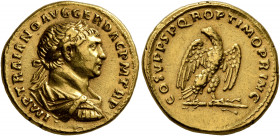 Trajan, 98-117. Aureus (Gold, 20 mm, 7.45 g, 6 h), Rome, 107-108. IMP TRAIANO AVG GER DAC P M TR P Laureate, draped and cuirassed bust of Trajan to ri...