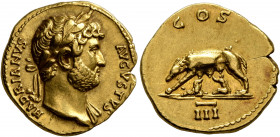 Hadrian, 117-138. Aureus (Gold, 20 mm, 7.37 g, 7 h), Rome, circa 124-125. HADRIANVS AVGVSTVS Laureate head of Hadrian to right, with slight drapery on...