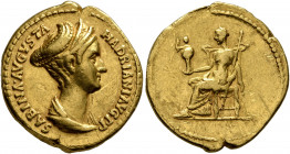 Sabina, Augusta, 128-136/7. Aureus (Gold, 21 mm, 7.14 g, 6 h), Rome, 128-129. SABINA•AVGVSTA HADRIANI•AVG P P Draped bust of Sabina to right, wearing ...