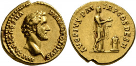 Antoninus Pius, 138-161. Aureus (Gold, 19 mm, 7.13 g, 6 h), Rome, 138. IMP T AEL CAES HA-DRI ANTONINVS Bare head of Antoninus Pius to right. Rev. AVG ...